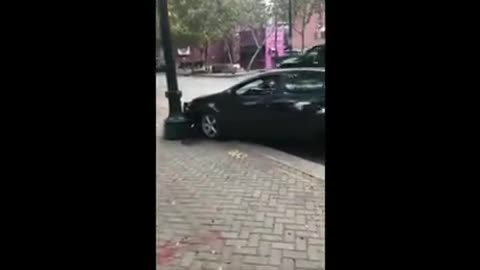 LIBTARD TRIES TO STEAL TRUMP FLAG AND CRASHES INTO LAMP POST