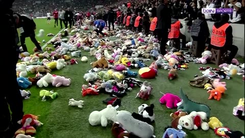 Teddy bears rain on football match for quake survivors