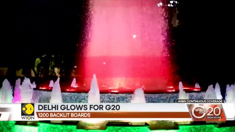 India. Sculpture and fountains illuminated for the upcoming G20 summit in delhi