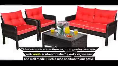 Tangkula 4 Piece Patio Furniture Set, Outdoor Wicker Conversation Set with Glass Top Coffee Table