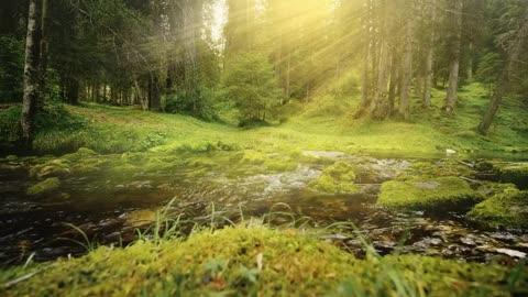 Sunbeams on streaming water in lavish green woodland