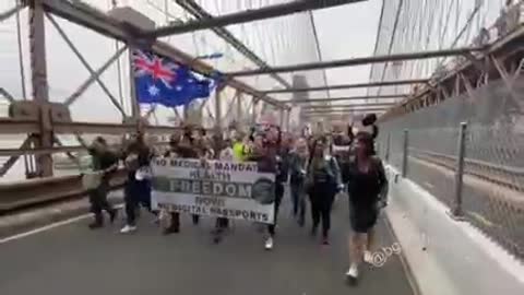 Brooklyn, NY: Vaccine Mandate Protest. Protesters carry Australian flag to show solidarity to Aussie