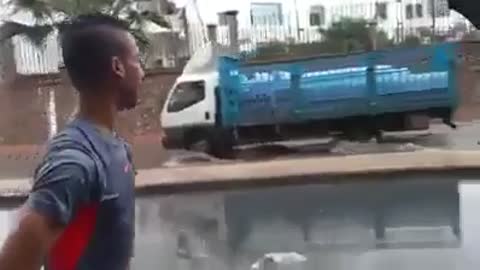 Crazy Man swim in a pool with no water