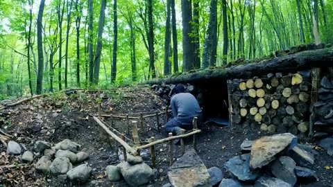 Building a WOOD and ROCK Bushcraft SHELTER for SURVIVAL 3 DAYS. Fireplace, Quail Cooking. Camping