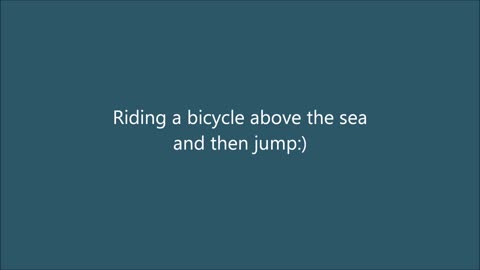 Child riding a bicycle above the sea and then jumps in