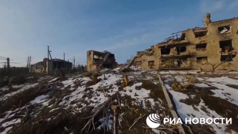 Drone Flies Through Bakhmut Battlefied Ruins