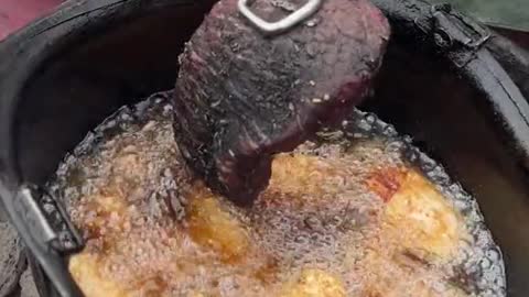 Deep fried steaks Who wants some 🥩 #tailgating #steak #elk