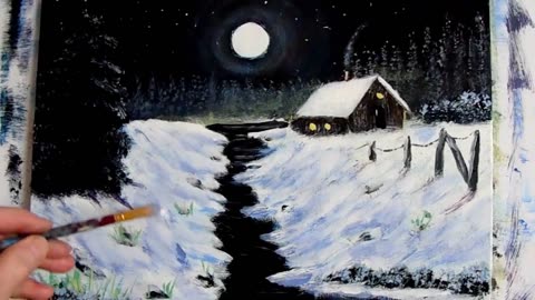 Learn to paint a /Winter Cabin at Midnight/