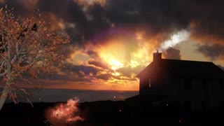 Soothing Sunset Campfire by a Little House.