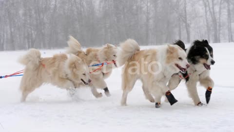 Husky sled dogs running in the snow
