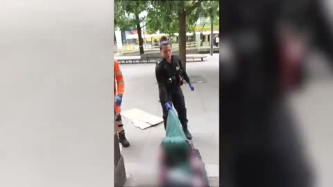 British police woman physically attacks a homeless rough sleeper! Justice for the abused.