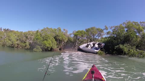 Guy Is Fishing In A Quiet Creek, When Suddenly A Boat Roars Behind Him