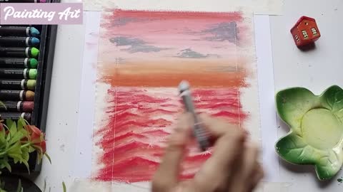 draw sea sunset scenery with oil pastel