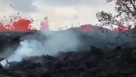 The lava sweeps the road and destroys in a scary sight