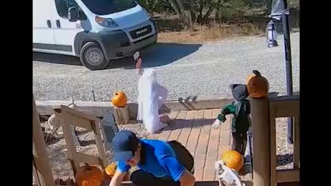 Delivery Driver Destroys Halloween Decorations On The Porch After Falling Down The Stairs