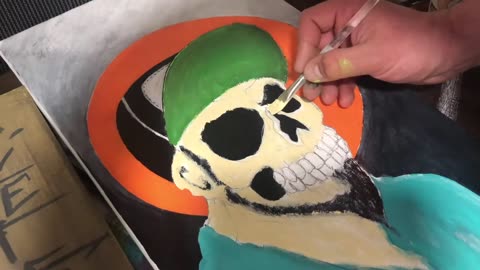 Skull Timelapse painting. Portrait of an artist