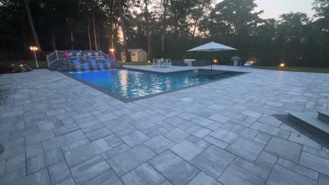 Concrete Pool with Vinyl Liner and Backyard Design Smithtown NY