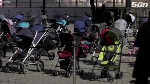 Empty strollers in Lviv mark children killed in ongoing Russian invasion of Ukraine