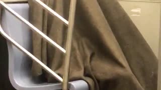 Guy sleeps under brown blanket in corner of subway