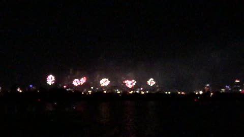 Sitting on the riverbank watching fireworks Optus Stadium to one side and Perth city to the other🎇￼