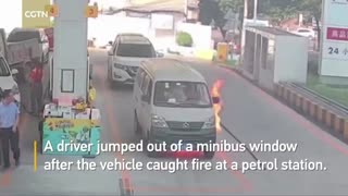 Minibus driver escapes through window after vehicle catches fire