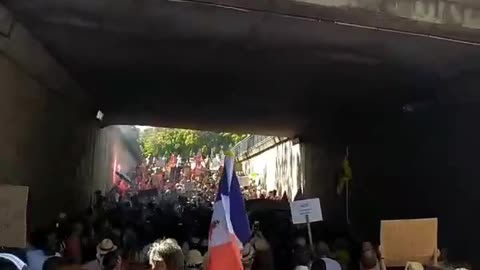 Protesters sing the anthem of the Yellow Vests during the demonstration in Albi (southern France)