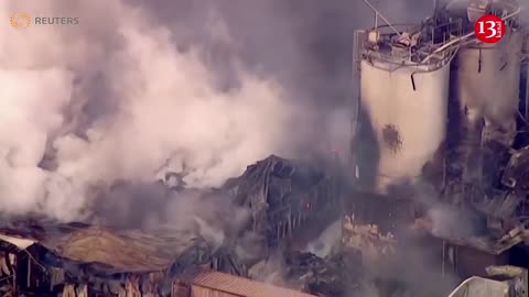 Aerials of firefighters trying to extinguish flames at a chemical plant in Illinois