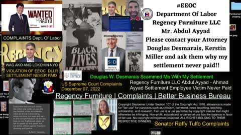 Regency Furniture LLC Corporate Office Headquarters -- Abdul Ayyad - Ahmad Ayyad -- Better Business Bureau Complaints - Victim Employee Settlement Never Paid - President BongBong Marcos - President Duterte - VP Sara Duterte - Senator Raffy Tulfo - DCBAR