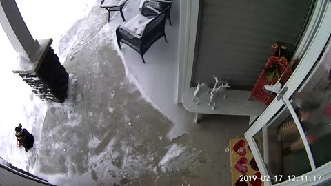 Front door security camera, woman slips down stairs on front porch next to baby