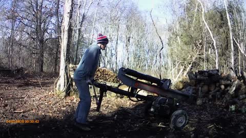 Having a little fun while splitting wood.