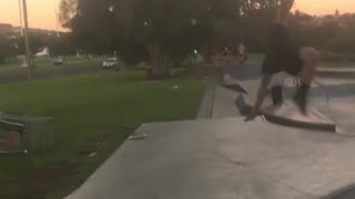 Skateboard flies into air guy fail