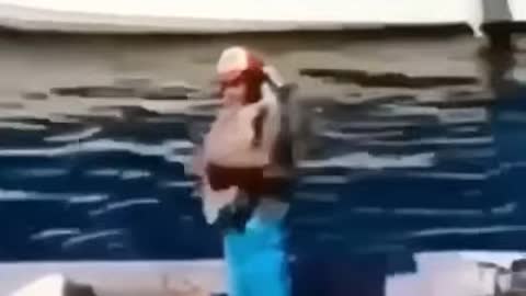 Guy giving a pelican a hug