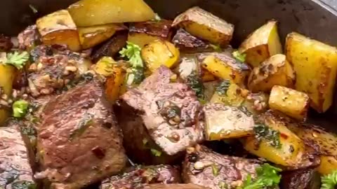 Butter steak bites and roasted potatoes