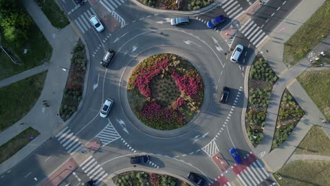 Top-down view of a roundabout with flowers in the center