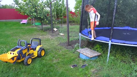 Darius Rides on Tractor \ Kids Pretend Play riding on Truck Toys gathering watermelon