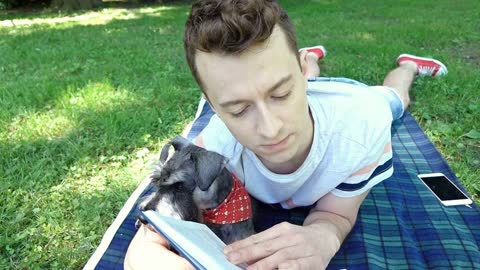 Boy relaxing in the park with his dog and reading interesting book, steadycam sh