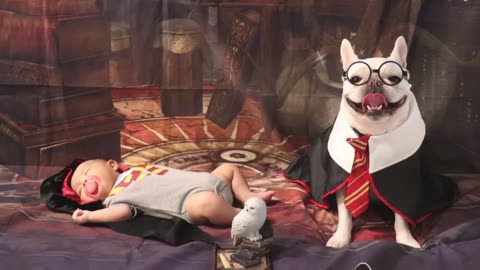 Frenchie & baby girl wear adorable Harry Potter costumes