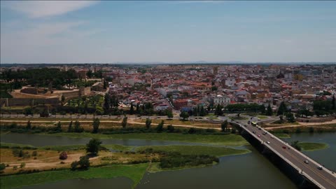 aerial spain aerial video of downtown badajoz in spain on a sunny day