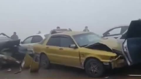 Dozens of Vehicles Crash on Icy Highway in Kazakhstan