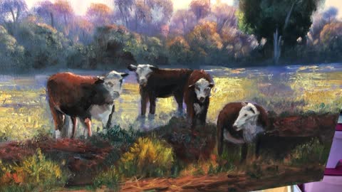 Painting landscape with cows in oils - stage 2