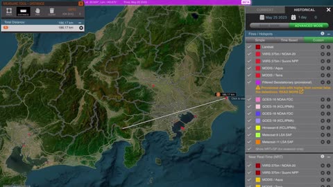 Mount Fuji hotspots and fires from 2023-05-12 ~ 05-25 monitored by NASA, 気象庁. 富士山噴火警戒。富士山北側山麓の気温が高い。