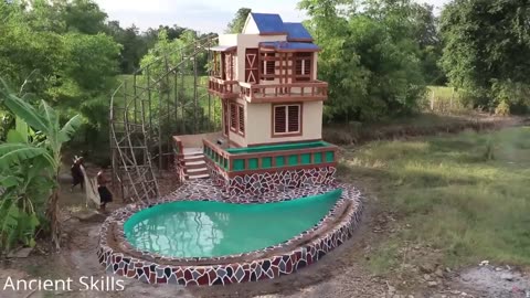 [Full Video] Build A Modern 3-Story Mud Villa House, Pool On Villa, Water Slide & Heat Swimming Pool