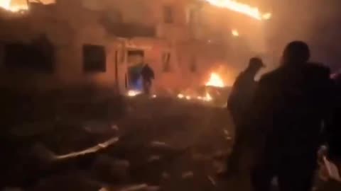 Arrival in Poltava, Ukraine, Ukrainian media shows burning ruins.