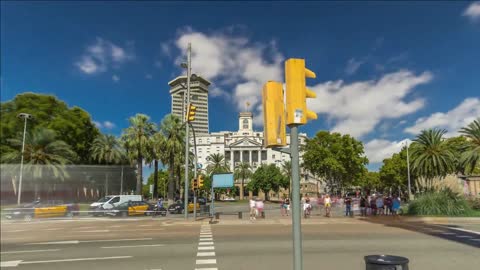 the famous ramblas street timelapse hyperlapse with unidentified walking tourists in barcelona spain
