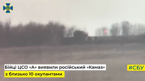 Ukrainian Intelligence Special Forces Destroy Russian KAMAZ Troop Transport Truck Using ATGM