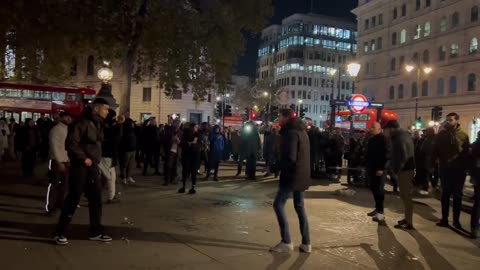 Anti-Israel protesters and British football fans clashing at Trafalgar Square in London last night