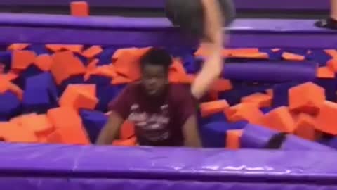 Guy backflip foam pit girl falls on top