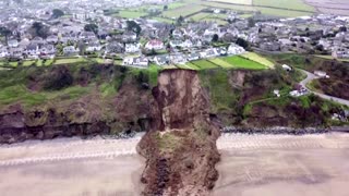 Drone view of homes after Welsh cliff collapse