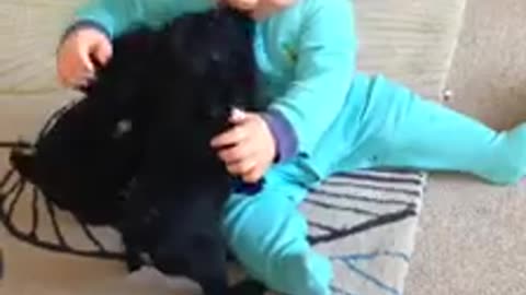 Baby loves to play with pug!look at smile.
