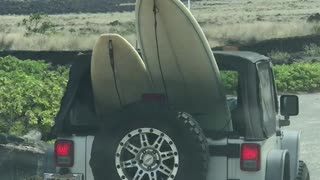 Cars driving with surfboards onto beach